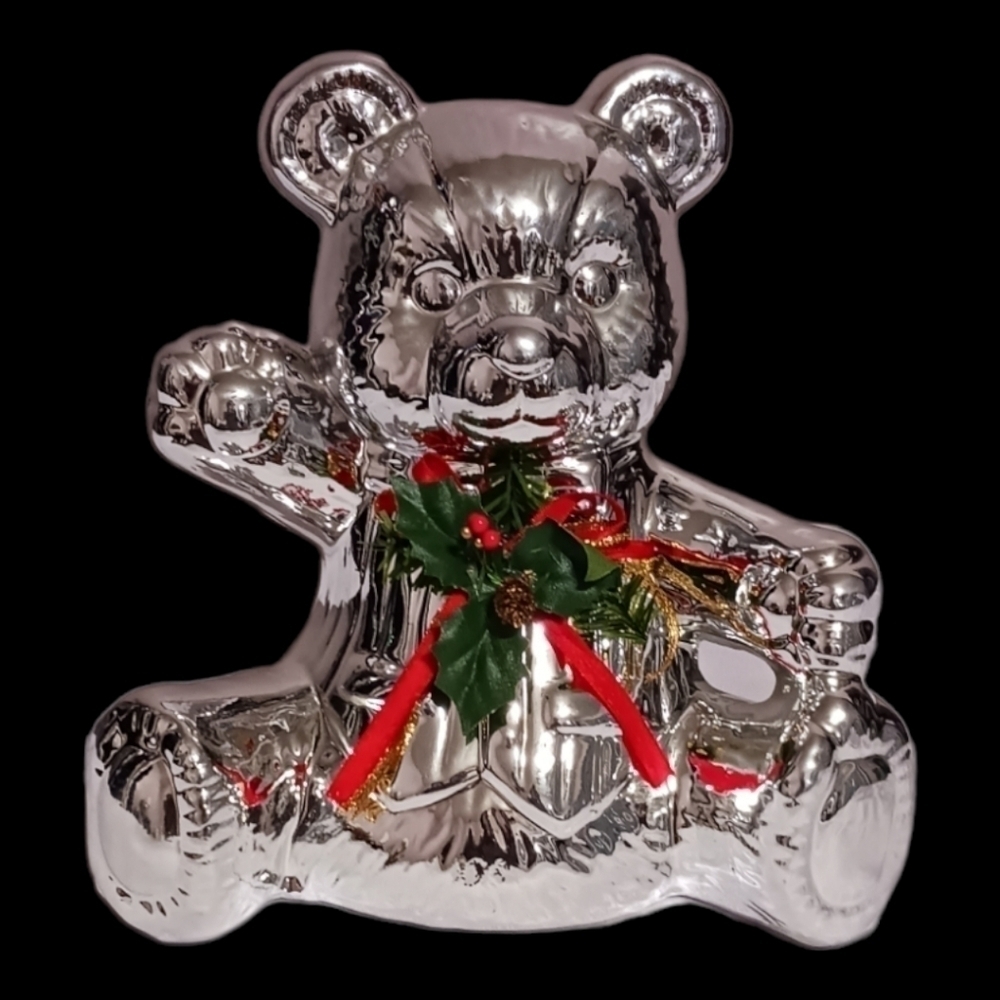 Holiday ceramic teddy bear silver color